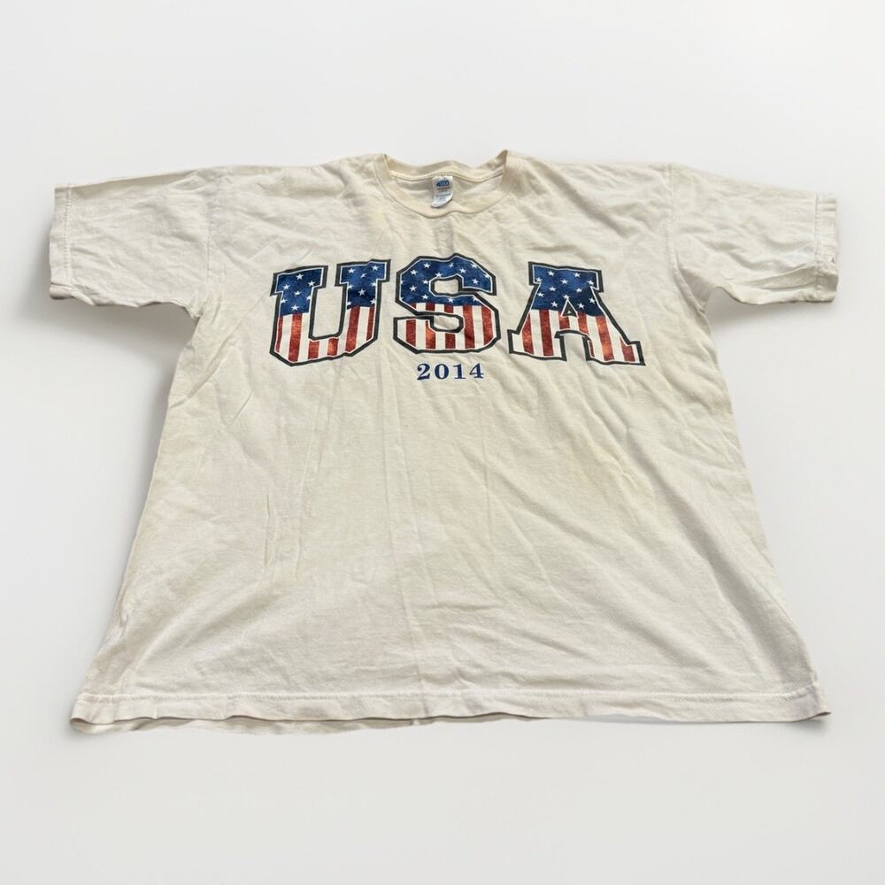 USA Mens White USA Flag Red White Blue 2014 Shirt Sleeve T-Shirt Size L LARGE